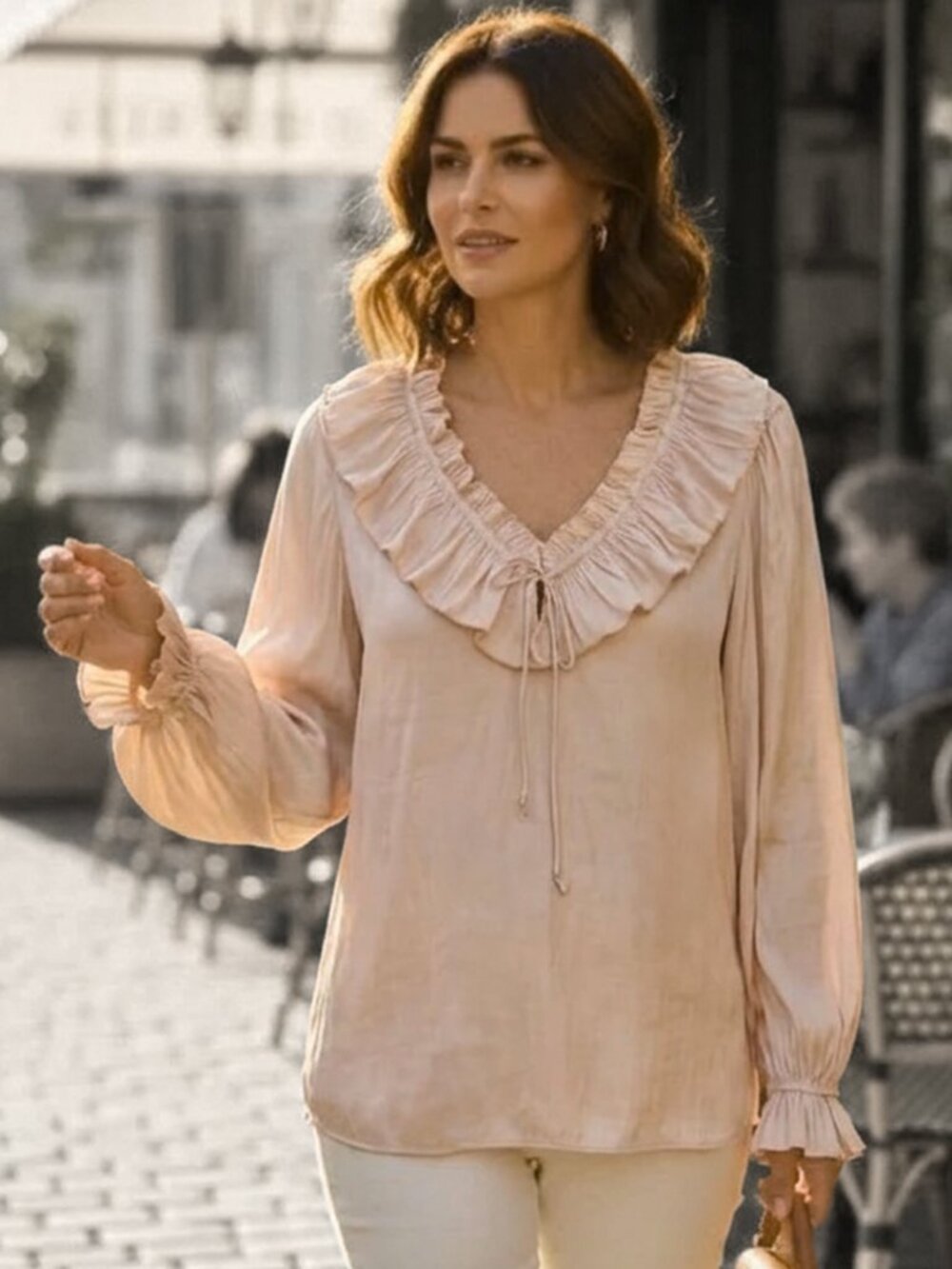 Grade & Gather Ecru Ruched Tie Neck Long Sleeve Top